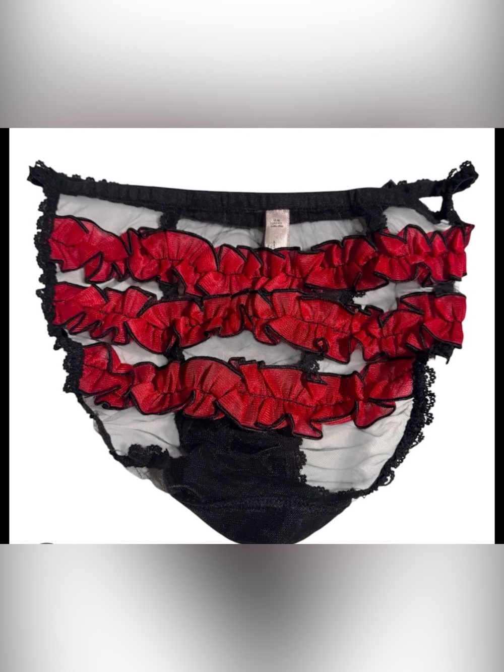 Victoria's Secret Ruffle Black Red Mesh Panties with Red Ruffle Trim Vintage